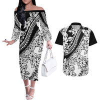 Polynesia Couples Matching Off The Shoulder Long Sleeve Dress and Hawaiian Shirt Polynesian Tropical Flowers Black Pastel Vibes - Wonder Print Shop