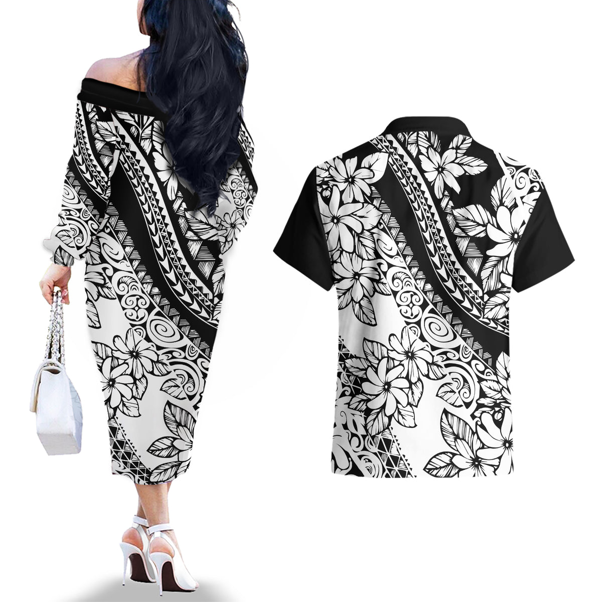 Polynesia Couples Matching Off The Shoulder Long Sleeve Dress and Hawaiian Shirt Polynesian Tropical Flowers Black Pastel Vibes - Wonder Print Shop