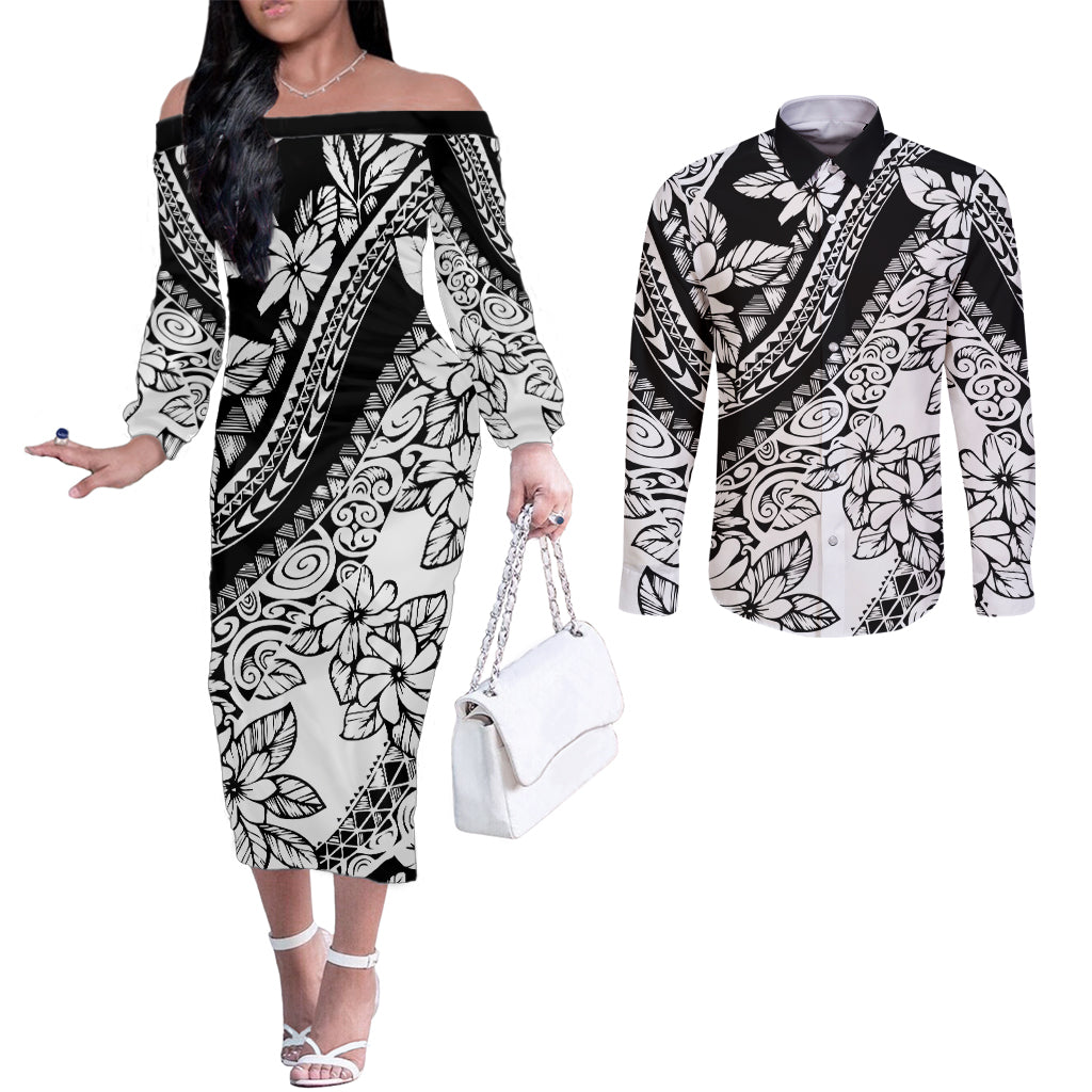 polynesia-couples-matching-off-the-shoulder-long-sleeve-dress-and-long-sleeve-button-shirts-polynesian-tropical-flowers-black-pastel-vibes
