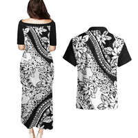 Polynesia Couples Matching Puletasi Dress and Hawaiian Shirt Polynesian Tropical Flowers Black Pastel Vibes - Wonder Print Shop