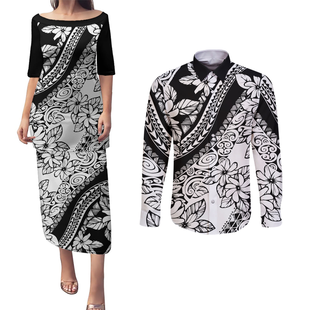 Polynesia Couples Matching Puletasi Dress and Long Sleeve Button Shirts Polynesian Tropical Flowers Black Pastel Vibes - Wonder Print Shop