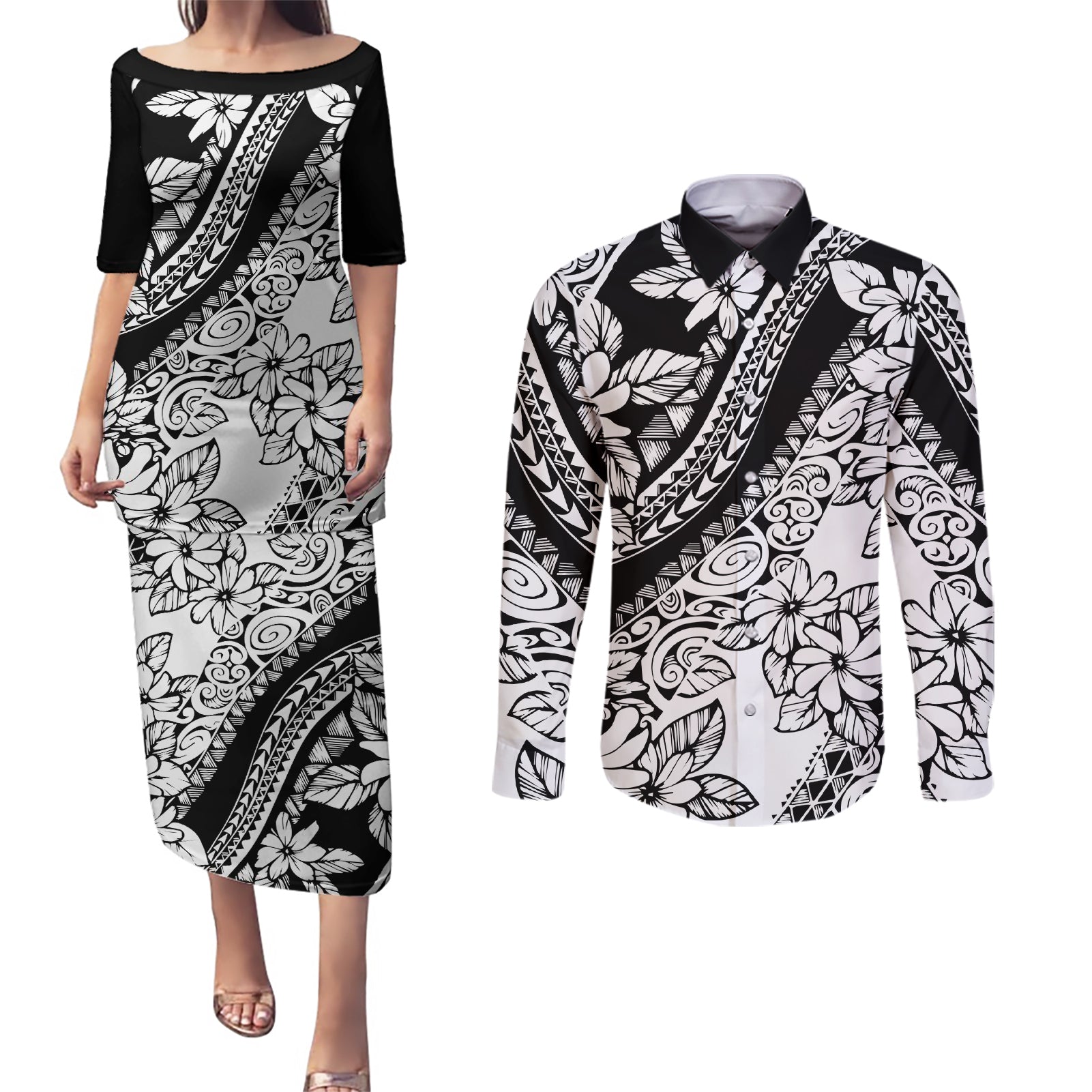 Polynesia Couples Matching Puletasi Dress and Long Sleeve Button Shirts Polynesian Tropical Flowers Black Pastel Vibes - Wonder Print Shop