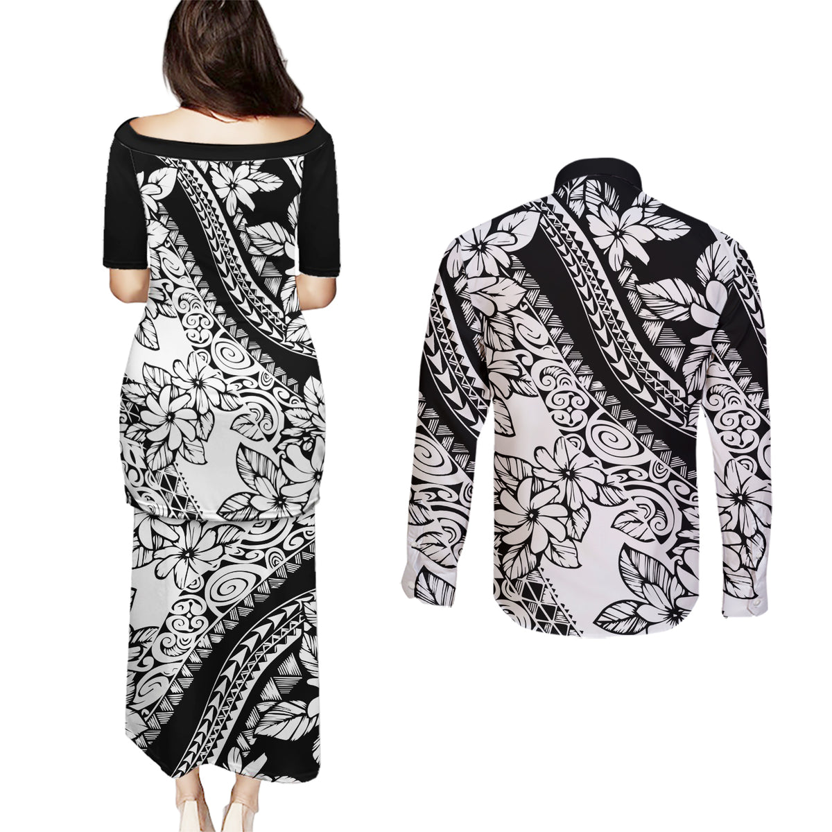 Polynesia Couples Matching Puletasi Dress and Long Sleeve Button Shirts Polynesian Tropical Flowers Black Pastel Vibes - Wonder Print Shop