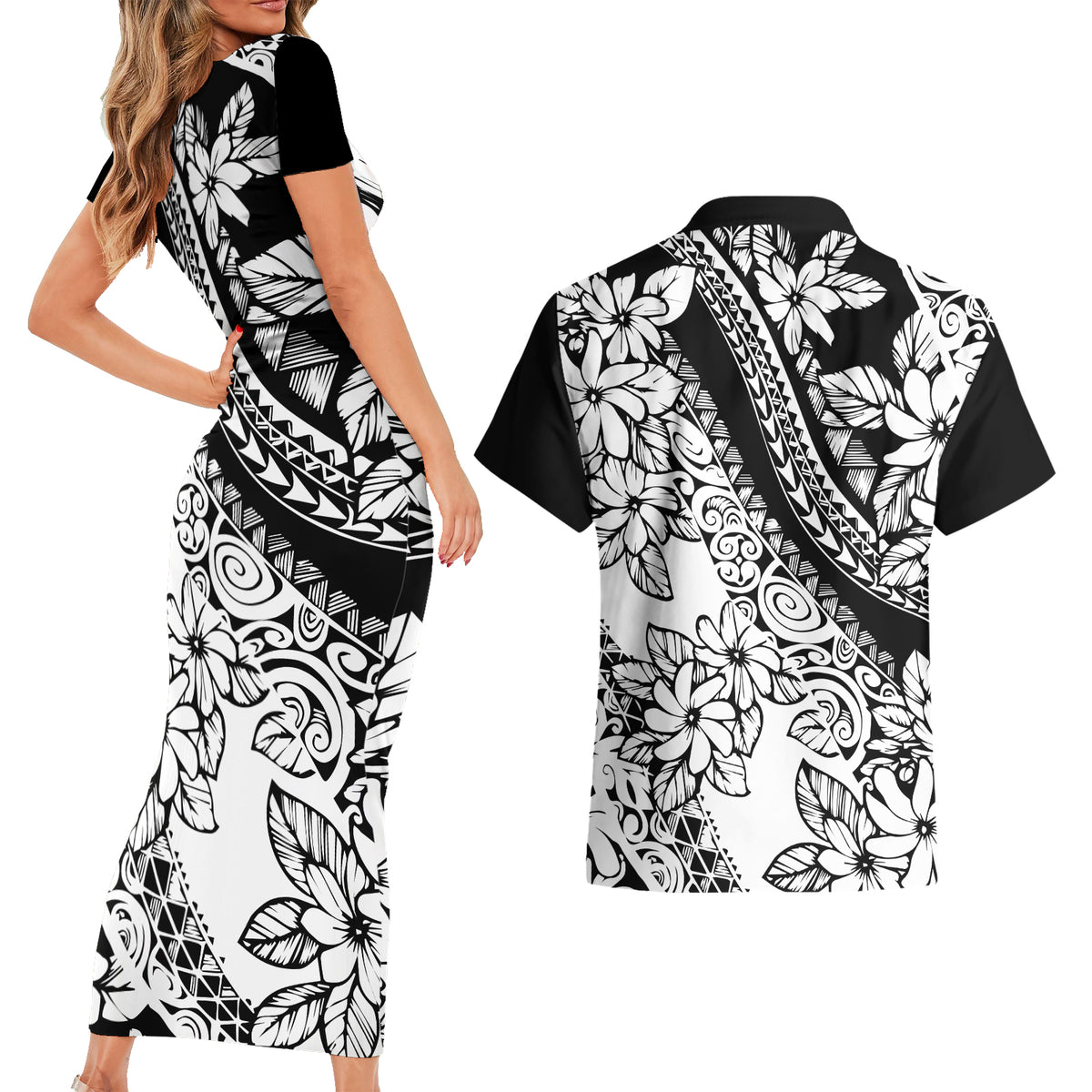 Polynesia Couples Matching Short Sleeve Bodycon Dress and Hawaiian Shirt Polynesian Tropical Flowers Black Pastel Vibes - Wonder Print Shop
