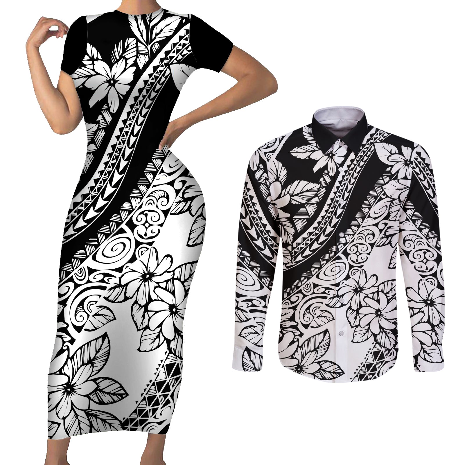 Polynesia Couples Matching Short Sleeve Bodycon Dress and Long Sleeve Button Shirts Polynesian Tropical Flowers Black Pastel Vibes - Wonder Print Shop