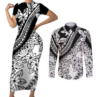 Polynesia Couples Matching Short Sleeve Bodycon Dress and Long Sleeve Button Shirts Polynesian Tropical Flowers Black Pastel Vibes - Wonder Print Shop