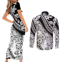 Polynesia Couples Matching Short Sleeve Bodycon Dress and Long Sleeve Button Shirts Polynesian Tropical Flowers Black Pastel Vibes - Wonder Print Shop
