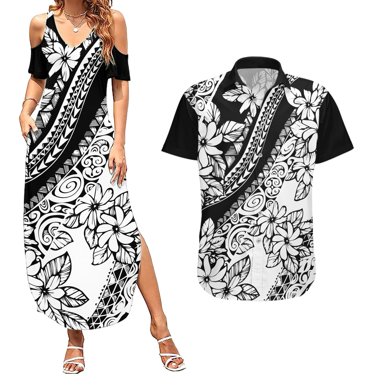 Polynesia Couples Matching Summer Maxi Dress and Hawaiian Shirt Polynesian Tropical Flowers Black Pastel Vibes - Wonder Print Shop