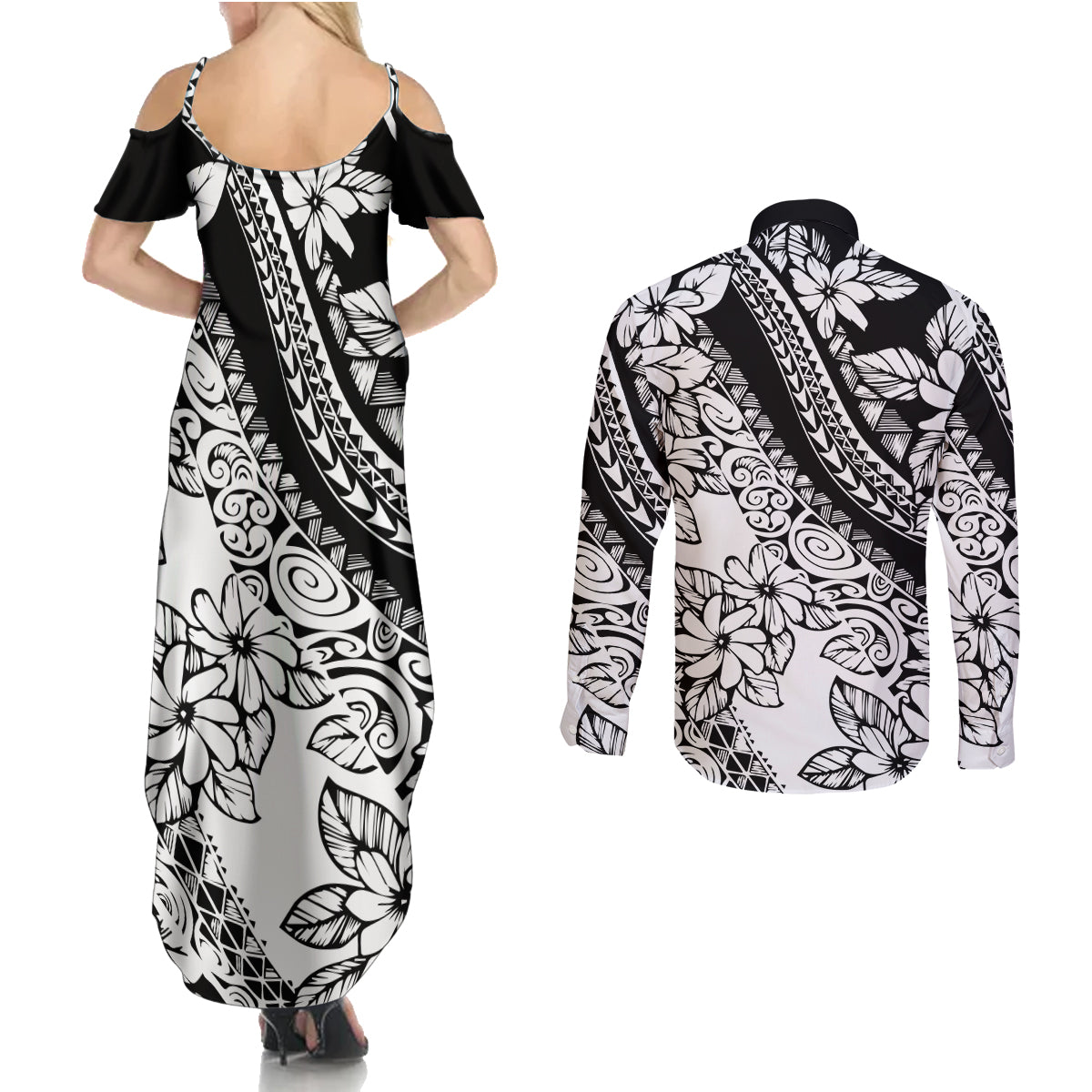Polynesia Couples Matching Summer Maxi Dress and Long Sleeve Button Shirts Polynesian Tropical Flowers Black Pastel Vibes - Wonder Print Shop