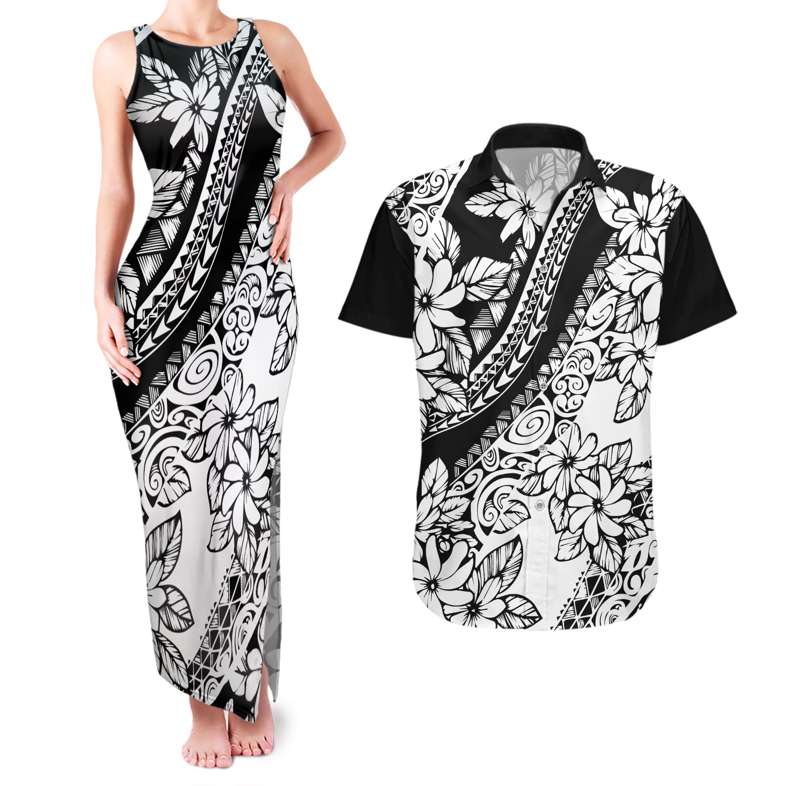 Polynesia Couples Matching Tank Maxi Dress and Hawaiian Shirt Polynesian Tropical Flowers Black Pastel Vibes - Wonder Print Shop