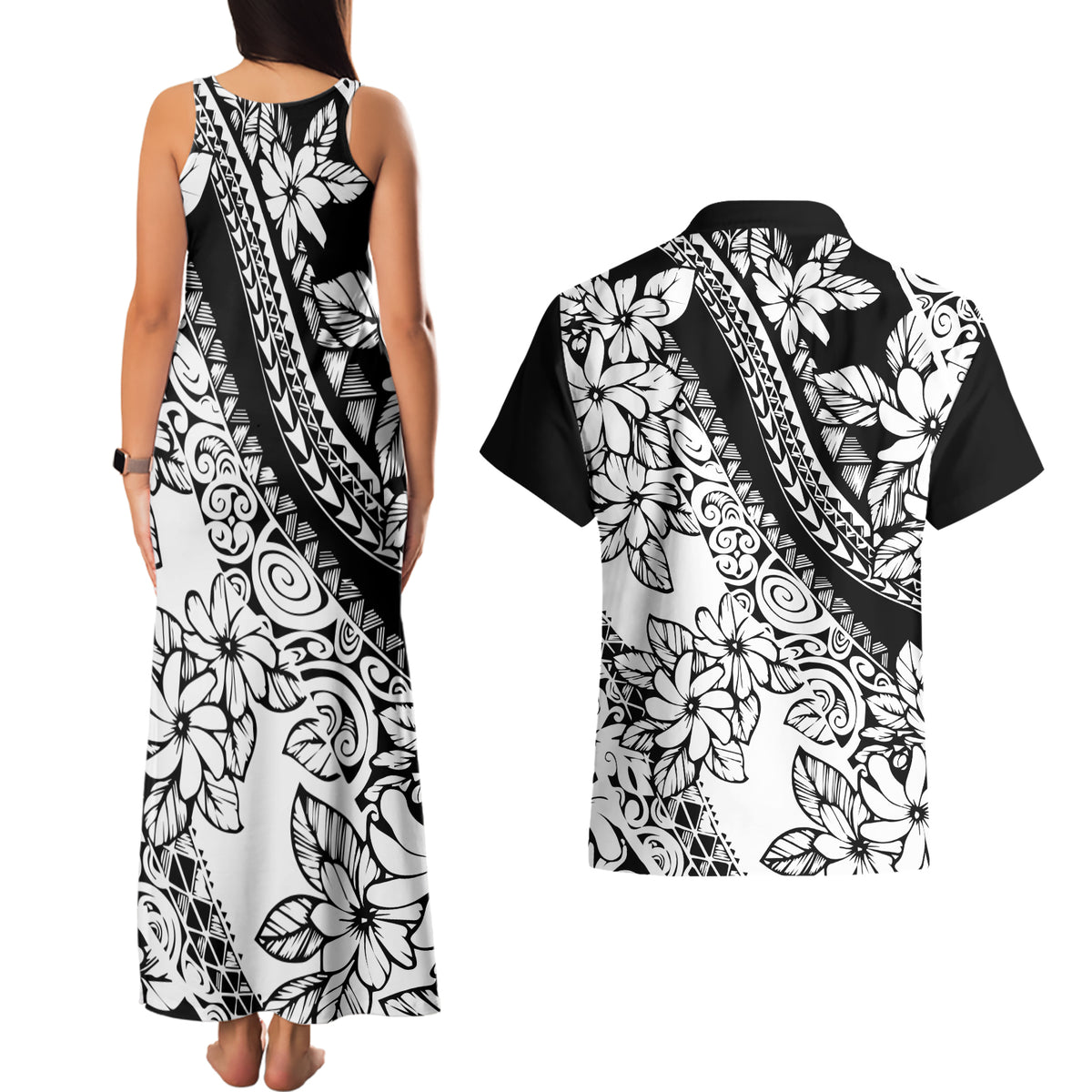 Polynesia Couples Matching Tank Maxi Dress and Hawaiian Shirt Polynesian Tropical Flowers Black Pastel Vibes - Wonder Print Shop