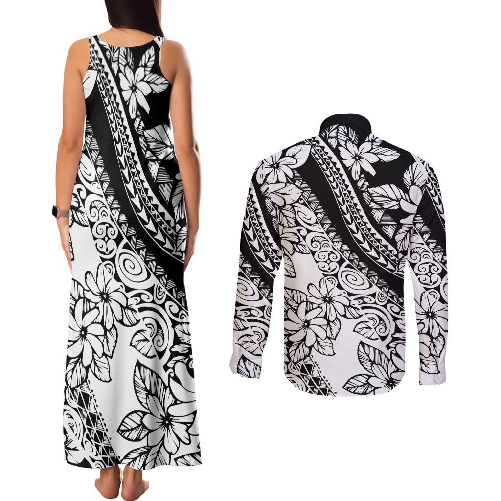 Polynesia Couples Matching Tank Maxi Dress and Long Sleeve Button Shirts Polynesian Tropical Flowers Black Pastel Vibes - Wonder Print Shop
