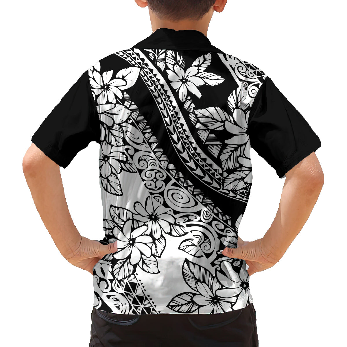 Polynesia Family Matching Long Sleeve Bodycon Dress and Hawaiian Shirt Polynesian Tropical Flowers Black Pastel Vibes - Wonder Print Shop