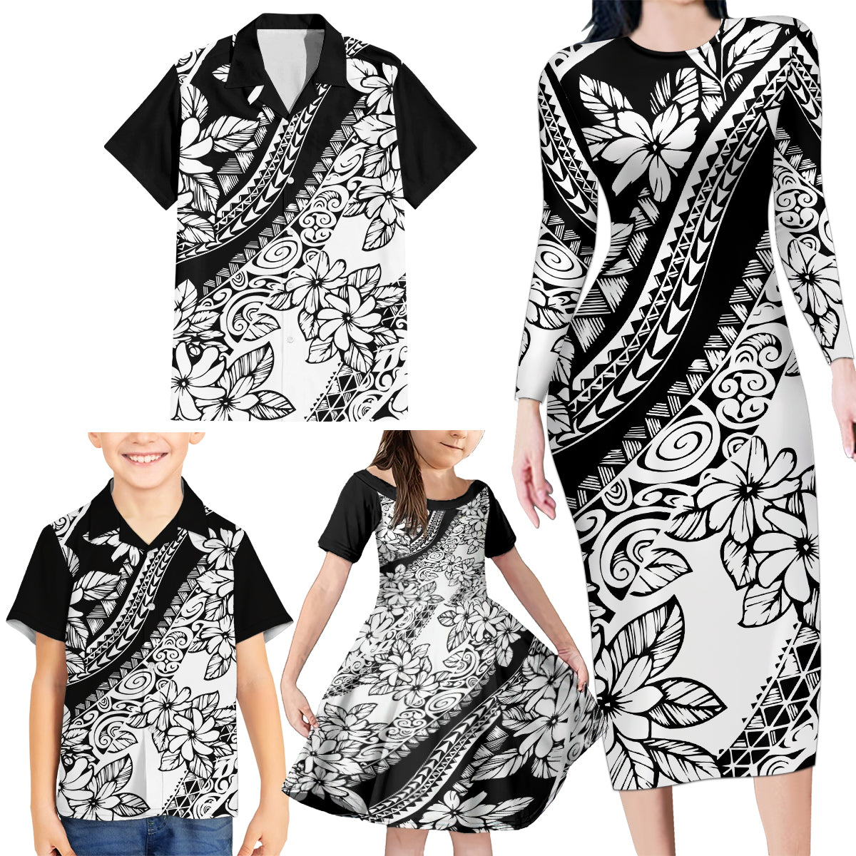 Polynesia Family Matching Long Sleeve Bodycon Dress and Hawaiian Shirt Polynesian Tropical Flowers Black Pastel Vibes - Wonder Print Shop