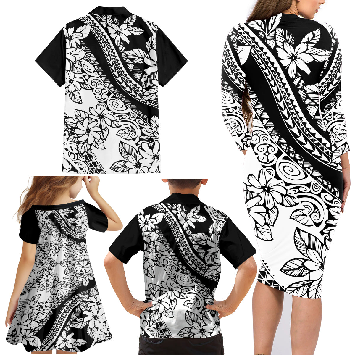 Polynesia Family Matching Long Sleeve Bodycon Dress and Hawaiian Shirt Polynesian Tropical Flowers Black Pastel Vibes - Wonder Print Shop