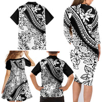 Polynesia Family Matching Long Sleeve Bodycon Dress and Hawaiian Shirt Polynesian Tropical Flowers Black Pastel Vibes - Wonder Print Shop