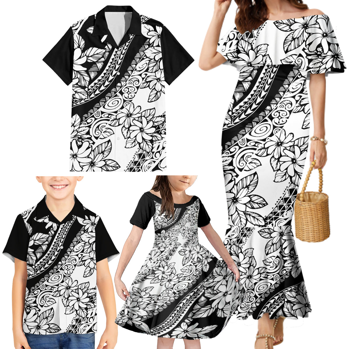 Polynesia Family Matching Mermaid Dress and Hawaiian Shirt Polynesian Tropical Flowers Black Pastel Vibes - Wonder Print Shop