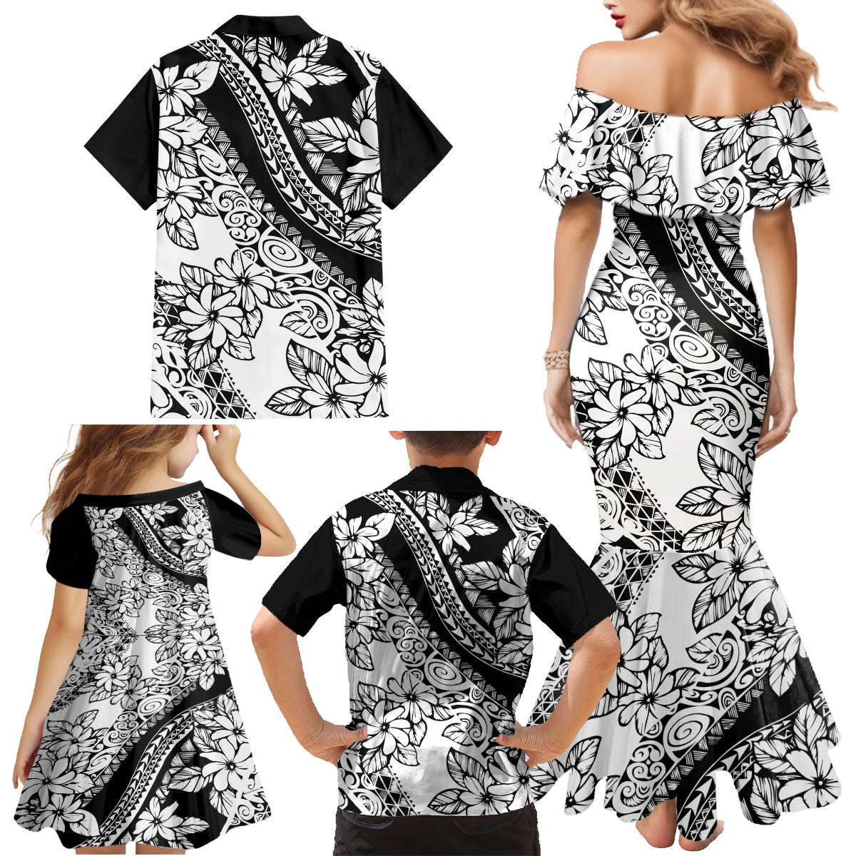 Polynesia Family Matching Mermaid Dress and Hawaiian Shirt Polynesian Tropical Flowers Black Pastel Vibes - Wonder Print Shop