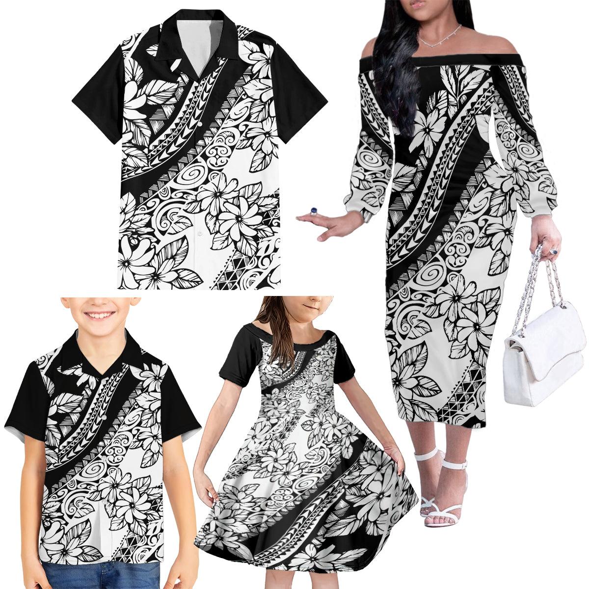 Polynesia Family Matching Off Shoulder Long Sleeve Dress and Hawaiian Shirt Polynesian Tropical Flowers Black Pastel Vibes - Wonder Print Shop