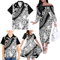 Polynesia Family Matching Off Shoulder Long Sleeve Dress and Hawaiian Shirt Polynesian Tropical Flowers Black Pastel Vibes - Wonder Print Shop