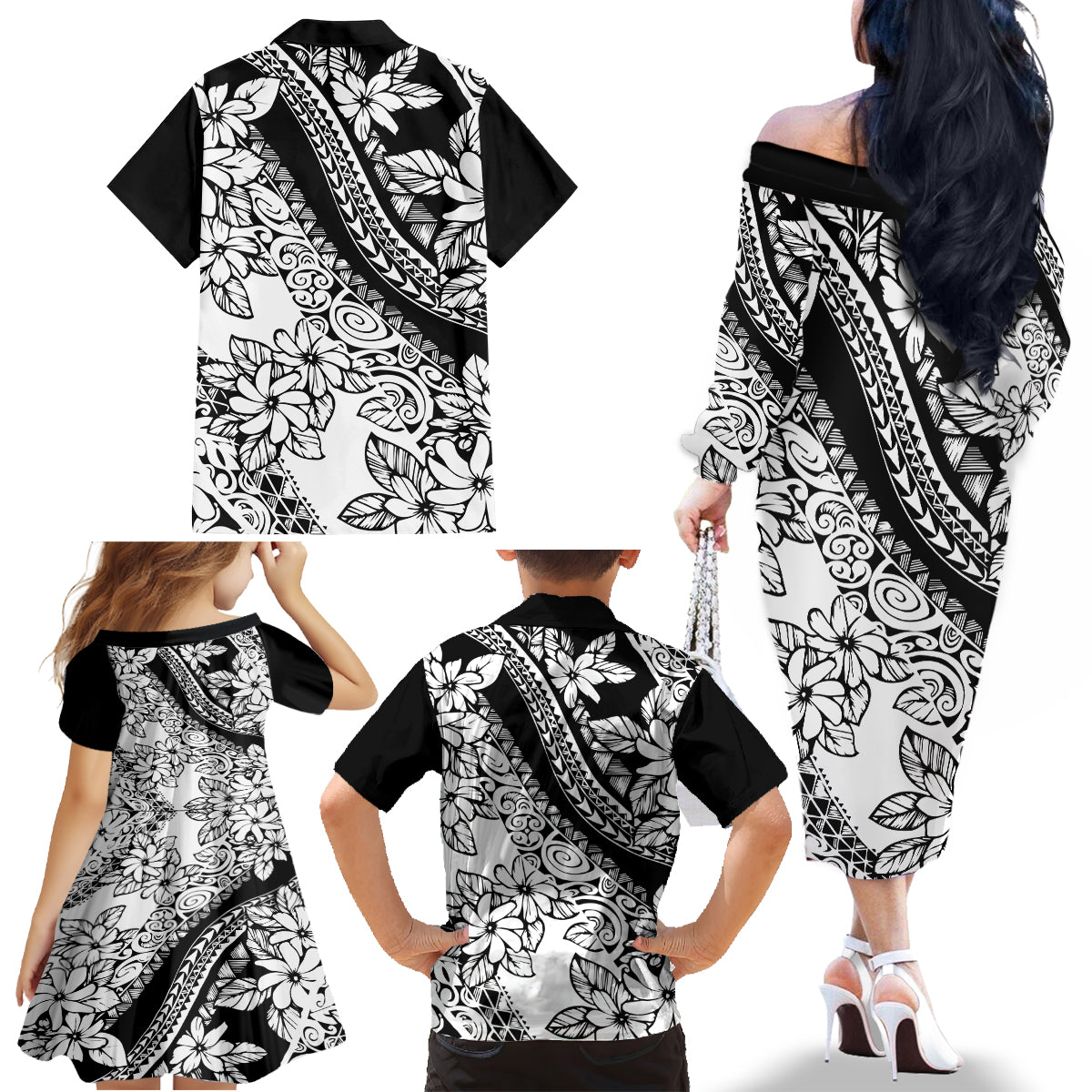 Polynesia Family Matching Off Shoulder Long Sleeve Dress and Hawaiian Shirt Polynesian Tropical Flowers Black Pastel Vibes - Wonder Print Shop