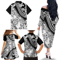 Polynesia Family Matching Off Shoulder Long Sleeve Dress and Hawaiian Shirt Polynesian Tropical Flowers Black Pastel Vibes - Wonder Print Shop