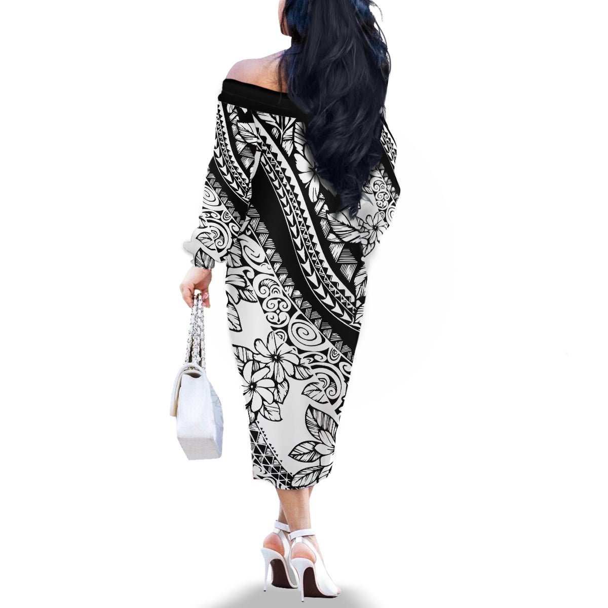 Polynesia Family Matching Off Shoulder Long Sleeve Dress and Hawaiian Shirt Polynesian Tropical Flowers Black Pastel Vibes - Wonder Print Shop