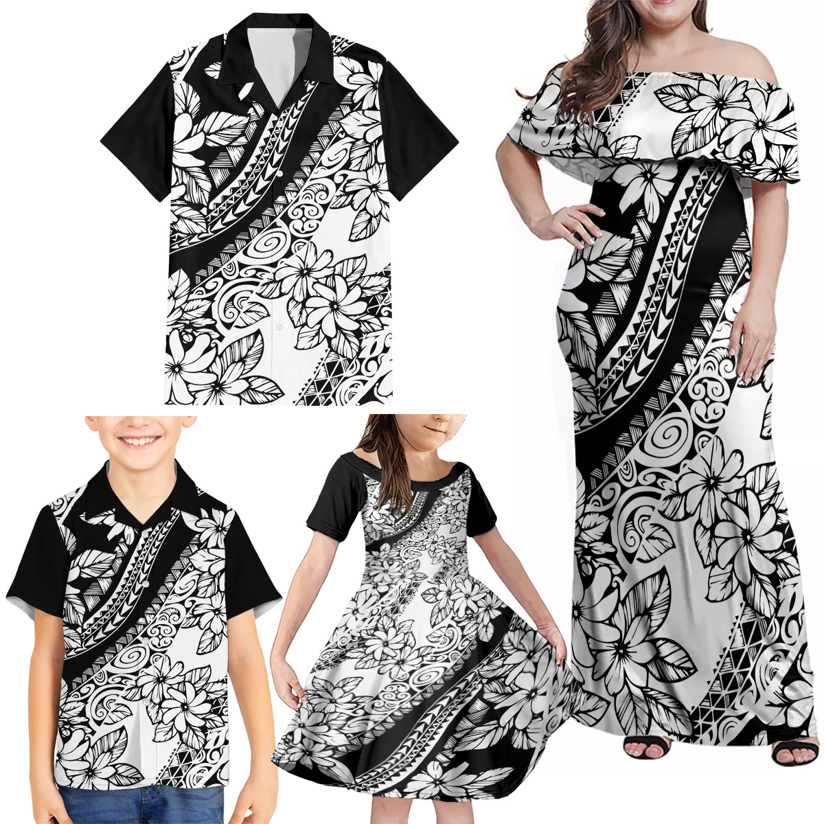 Polynesia Family Matching Off Shoulder Maxi Dress and Hawaiian Shirt Polynesian Tropical Flowers Black Pastel Vibes - Wonder Print Shop