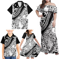 Polynesia Family Matching Off Shoulder Maxi Dress and Hawaiian Shirt Polynesian Tropical Flowers Black Pastel Vibes - Wonder Print Shop