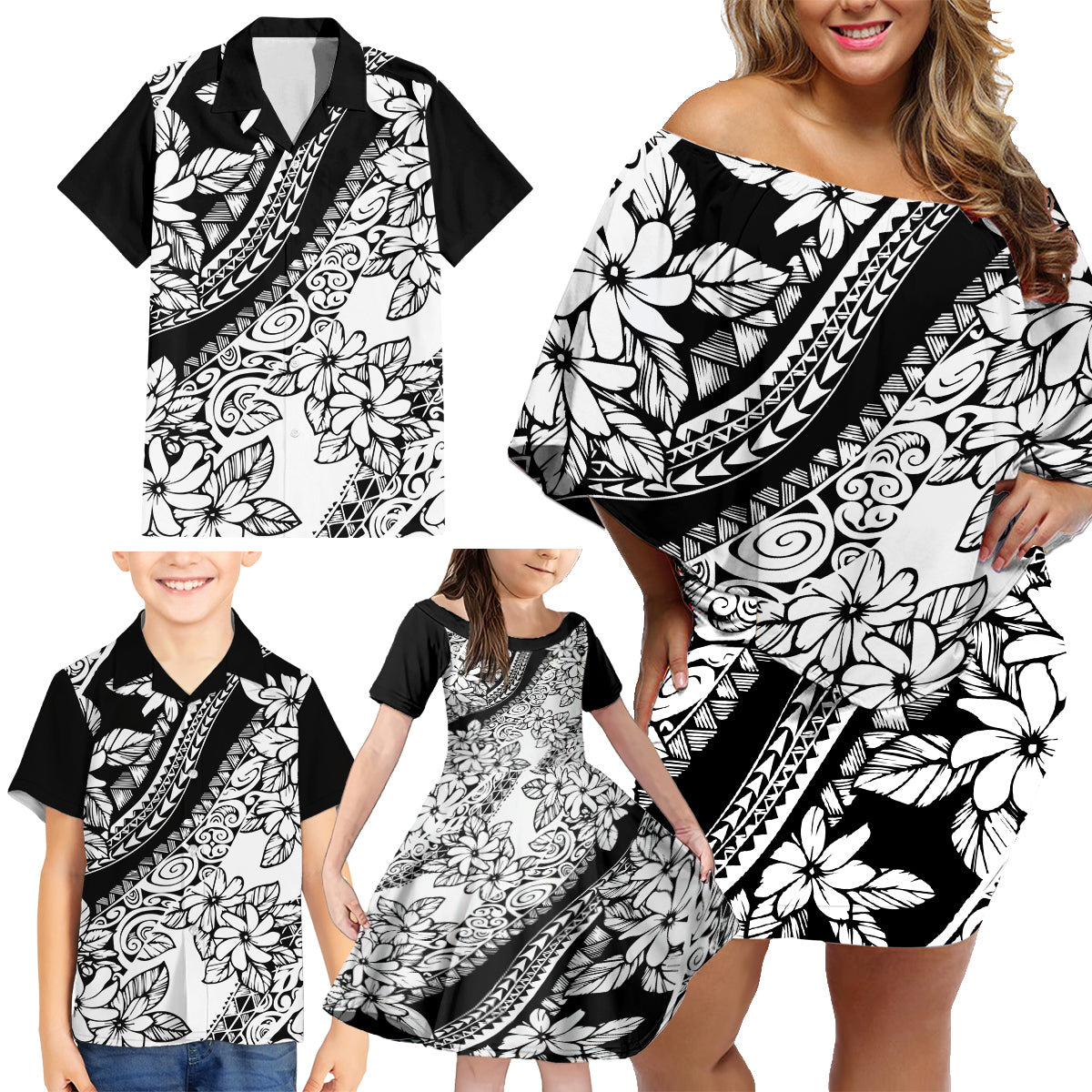 Polynesia Family Matching Off Shoulder Short Dress and Hawaiian Shirt Polynesian Tropical Flowers Black Pastel Vibes - Wonder Print Shop