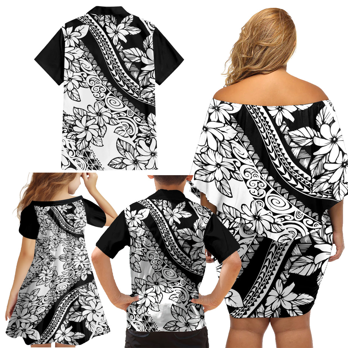 Polynesia Family Matching Off Shoulder Short Dress and Hawaiian Shirt Polynesian Tropical Flowers Black Pastel Vibes - Wonder Print Shop
