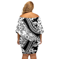 Polynesia Family Matching Off Shoulder Short Dress and Hawaiian Shirt Polynesian Tropical Flowers Black Pastel Vibes - Wonder Print Shop