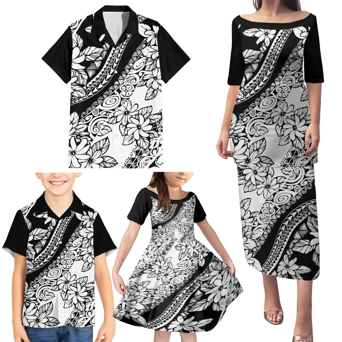 Polynesia Family Matching Puletasi Dress and Hawaiian Shirt Polynesian Tropical Flowers Black Pastel Vibes - Wonder Print Shop