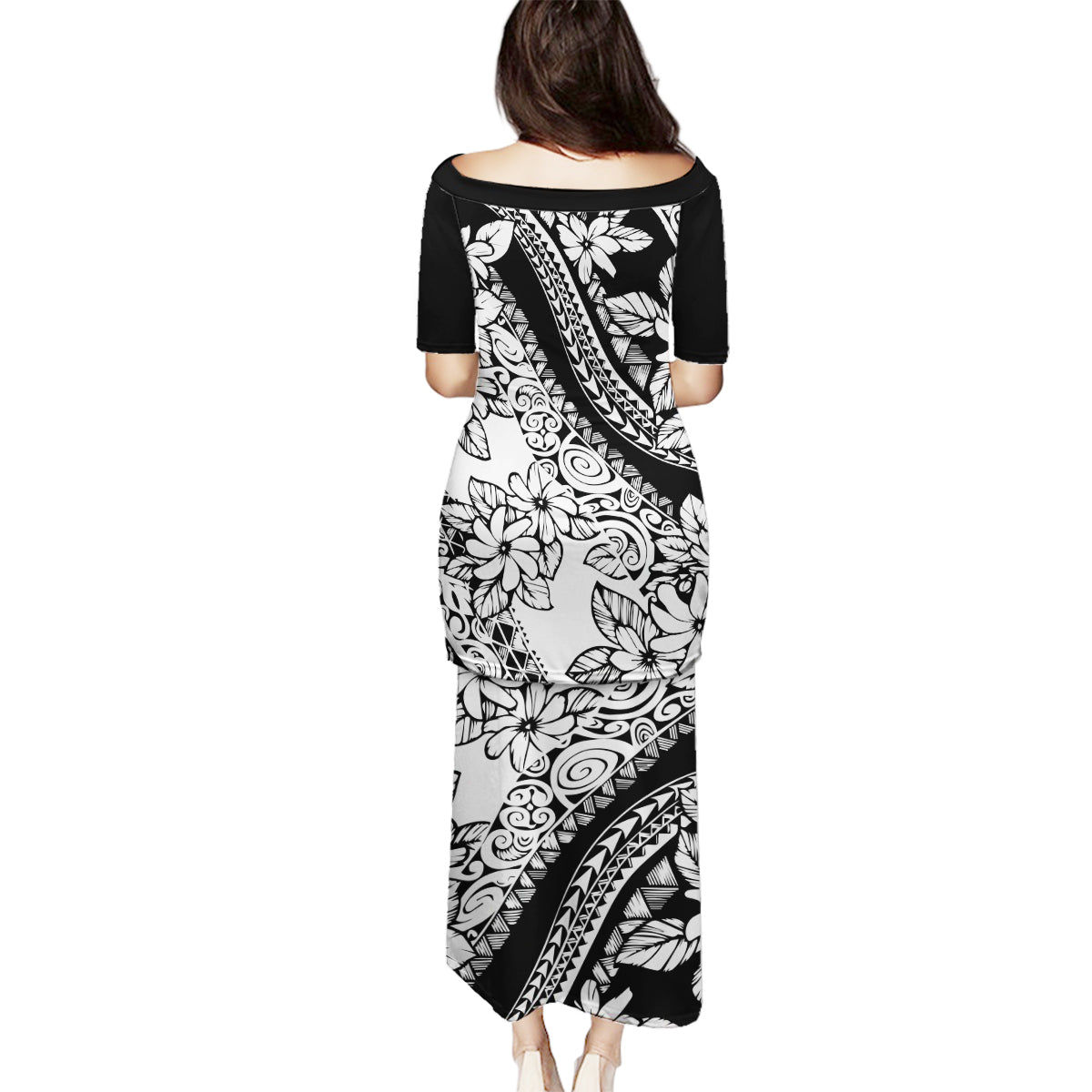 Polynesia Family Matching Puletasi Dress and Hawaiian Shirt Polynesian Tropical Flowers Black Pastel Vibes - Wonder Print Shop