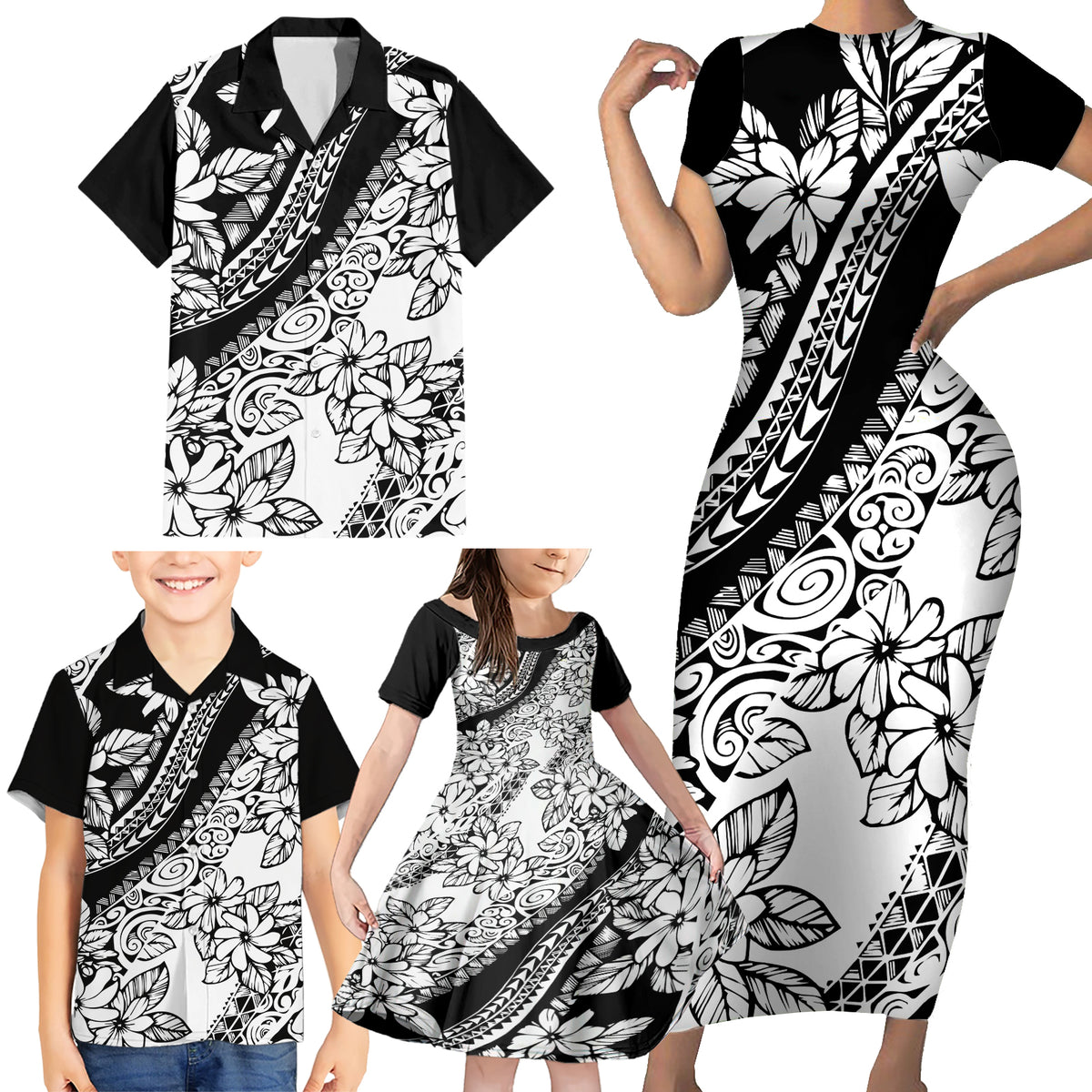 Polynesia Family Matching Short Sleeve Bodycon Dress and Hawaiian Shirt Polynesian Tropical Flowers Black Pastel Vibes - Wonder Print Shop