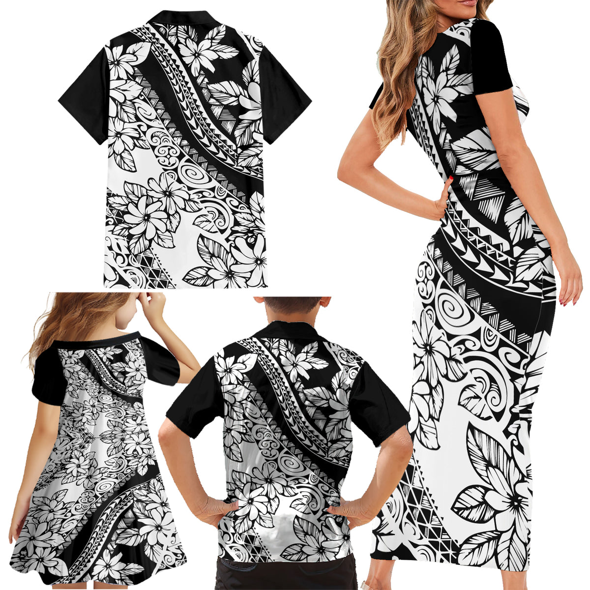 Polynesia Family Matching Short Sleeve Bodycon Dress and Hawaiian Shirt Polynesian Tropical Flowers Black Pastel Vibes - Wonder Print Shop