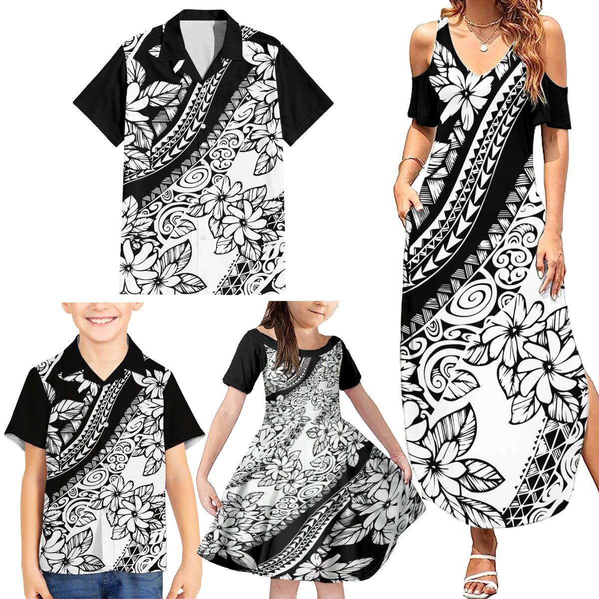 Polynesia Family Matching Summer Maxi Dress and Hawaiian Shirt Polynesian Tropical Flowers Black Pastel Vibes - Wonder Print Shop