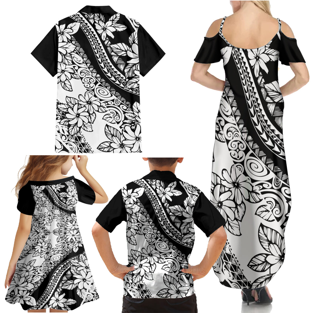 Polynesia Family Matching Summer Maxi Dress and Hawaiian Shirt Polynesian Tropical Flowers Black Pastel Vibes - Wonder Print Shop