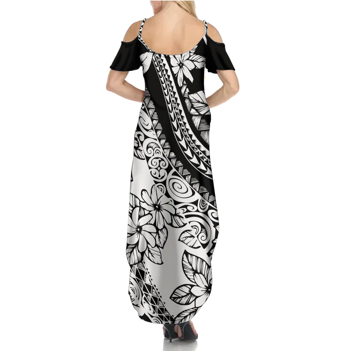 Polynesia Family Matching Summer Maxi Dress and Hawaiian Shirt Polynesian Tropical Flowers Black Pastel Vibes - Wonder Print Shop