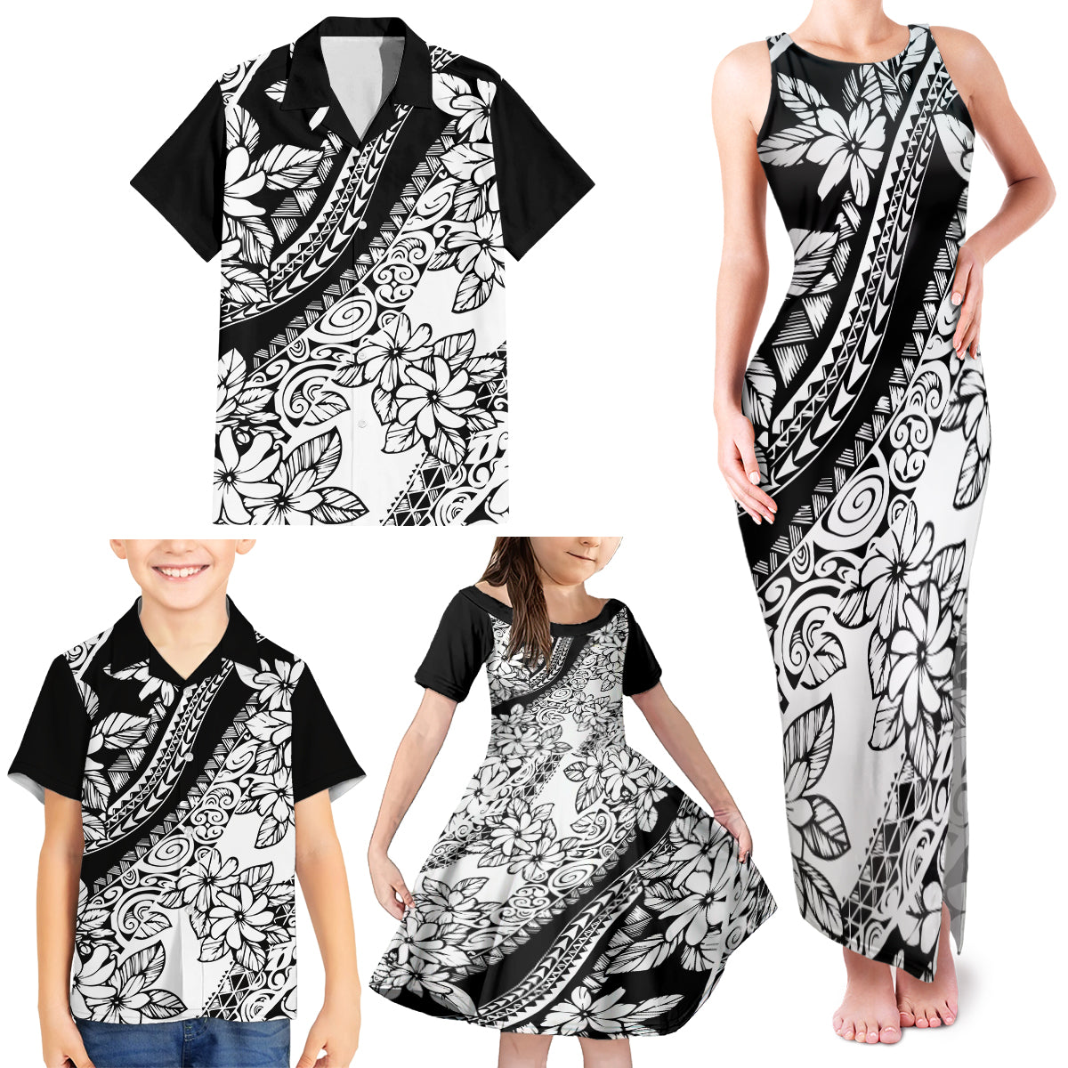 Polynesia Family Matching Tank Maxi Dress and Hawaiian Shirt Polynesian Tropical Flowers Black Pastel Vibes - Wonder Print Shop