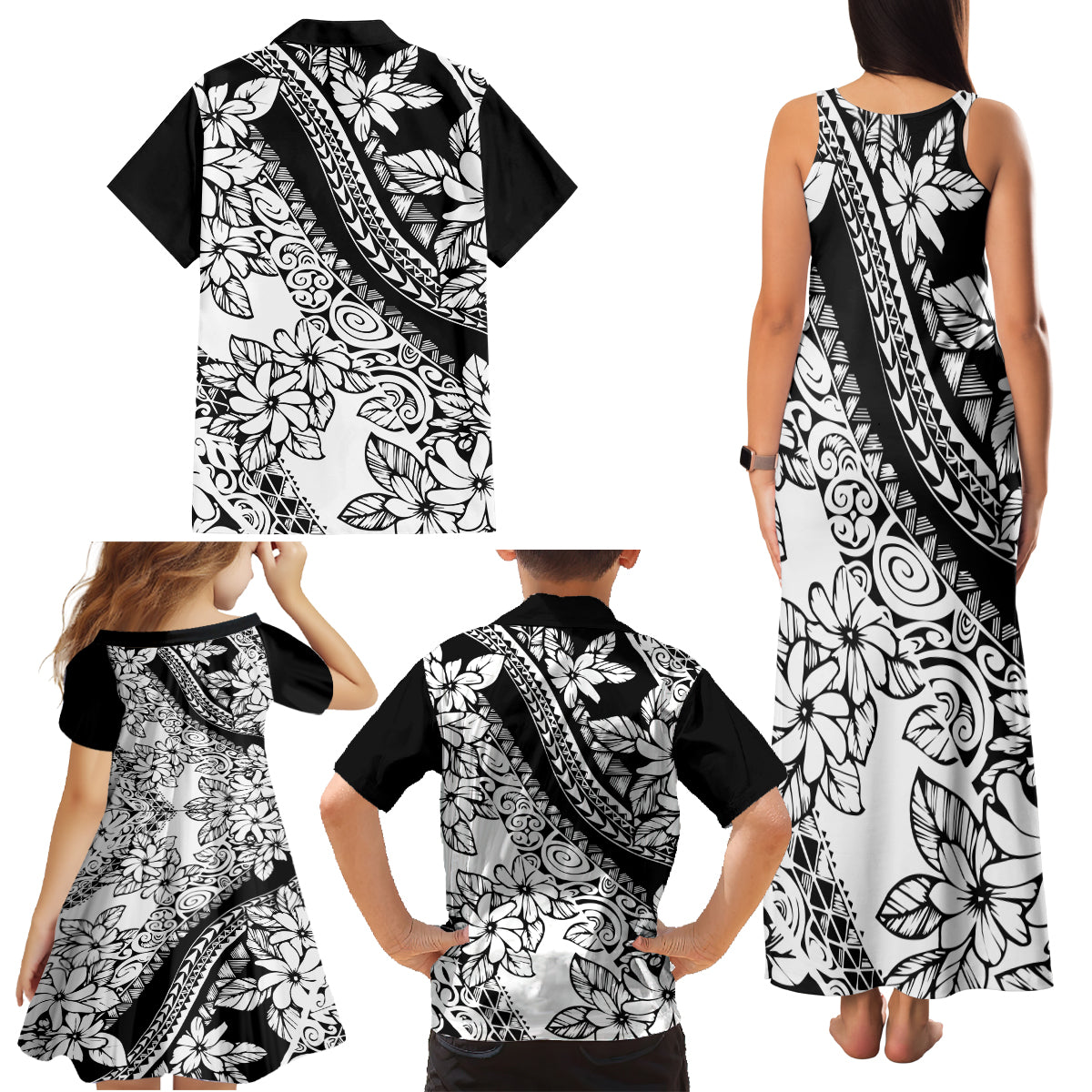 Polynesia Family Matching Tank Maxi Dress and Hawaiian Shirt Polynesian Tropical Flowers Black Pastel Vibes - Wonder Print Shop