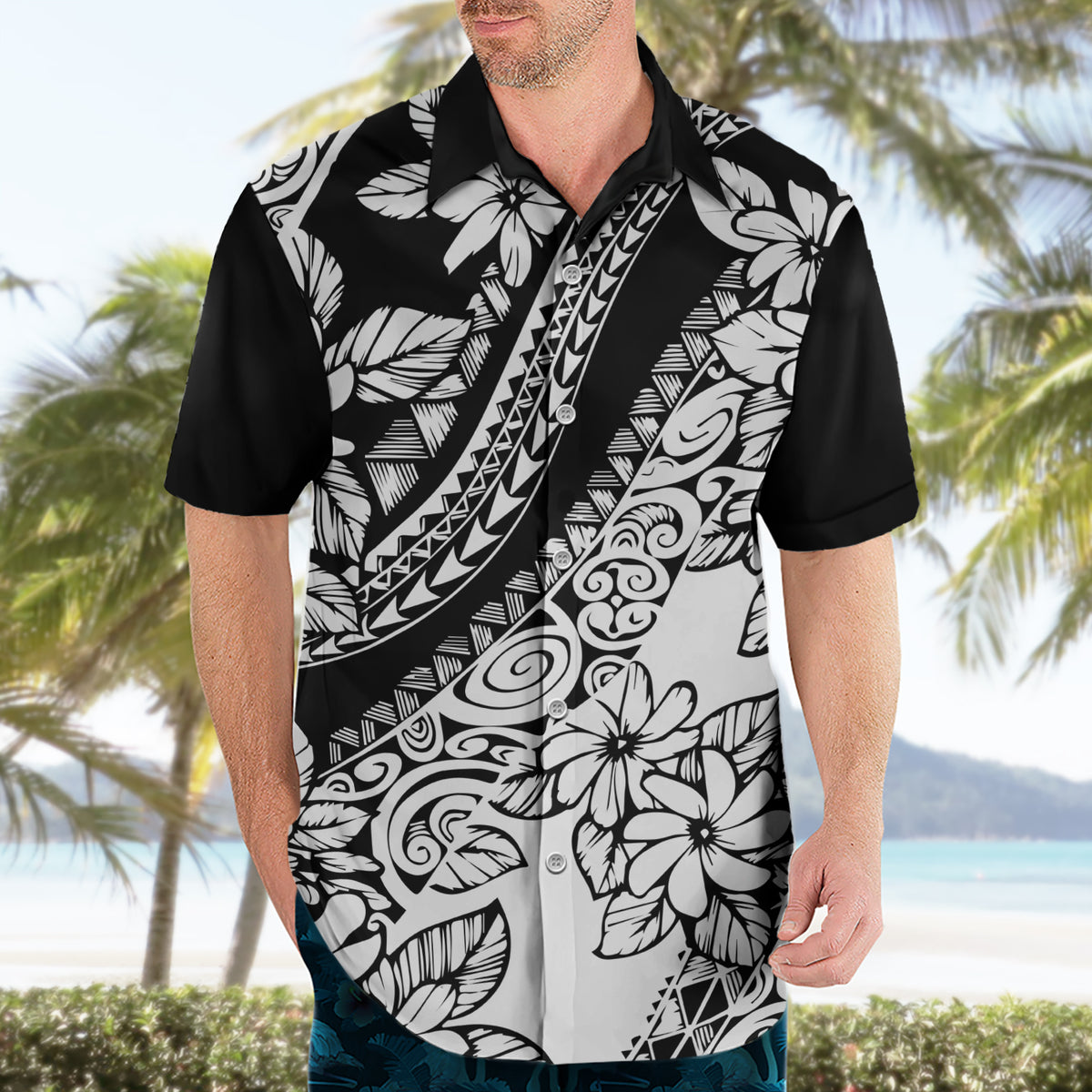 Polynesia Hawaiian Shirt Polynesian Tropical Flowers Black Pastel Vibes - Wonder Print Shop