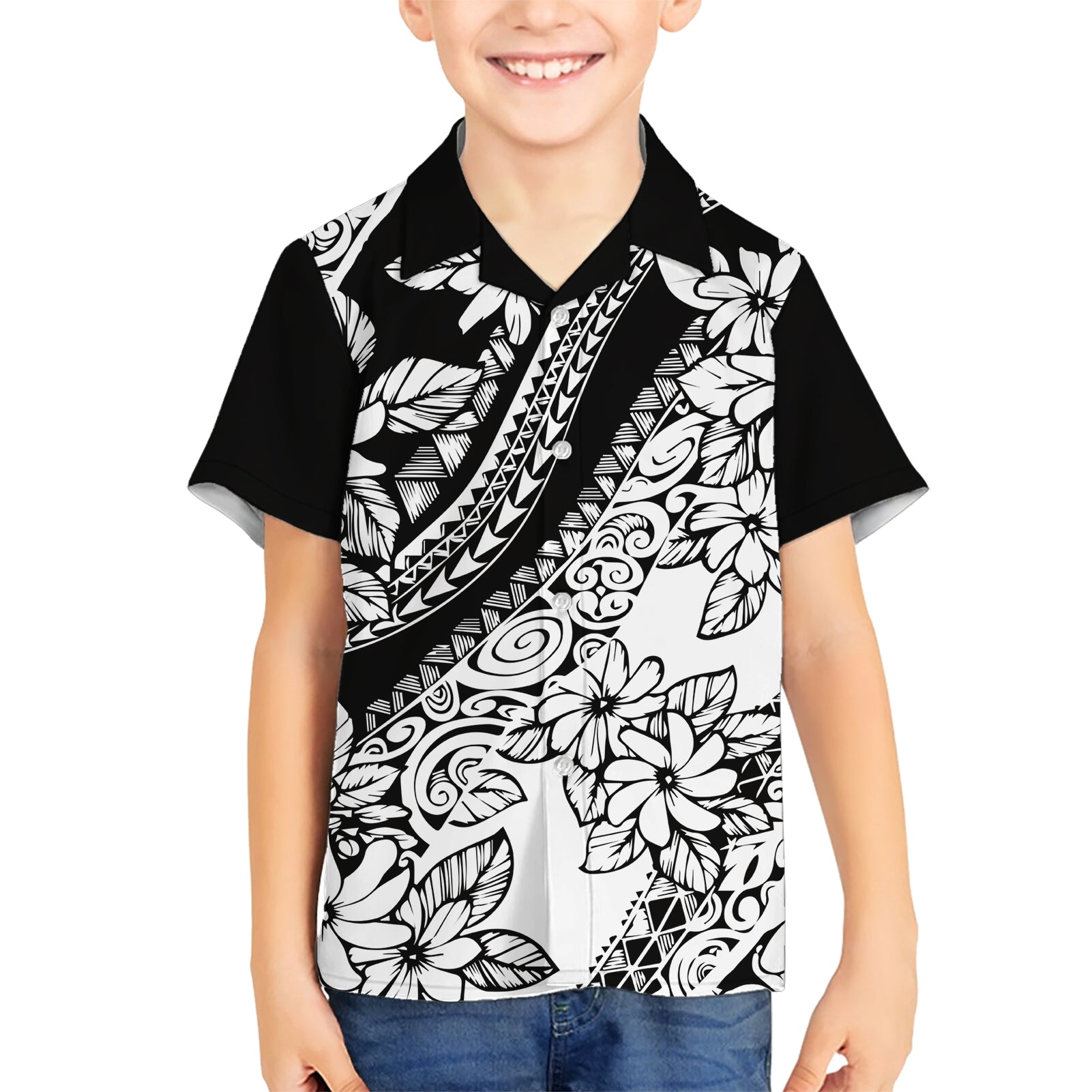 Polynesia Kid Hawaiian Shirt Polynesian Tropical Flowers Black Pastel Vibes - Wonder Print Shop
