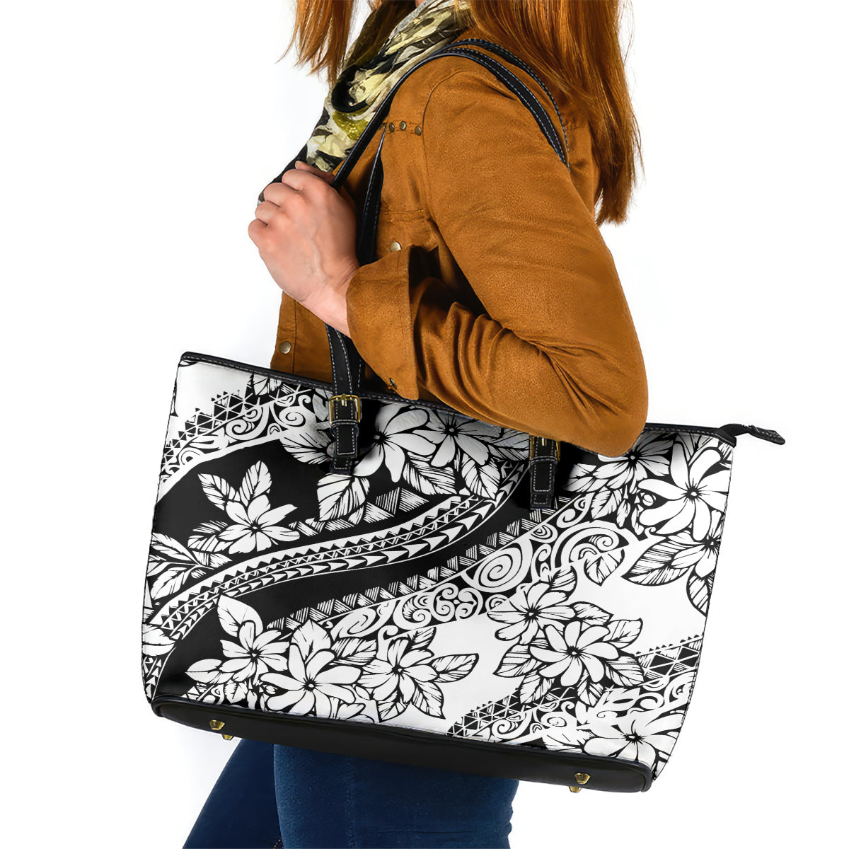 Polynesia Leather Tote Bag Polynesian Tropical Flowers Black Pastel Vibes - Wonder Print Shop