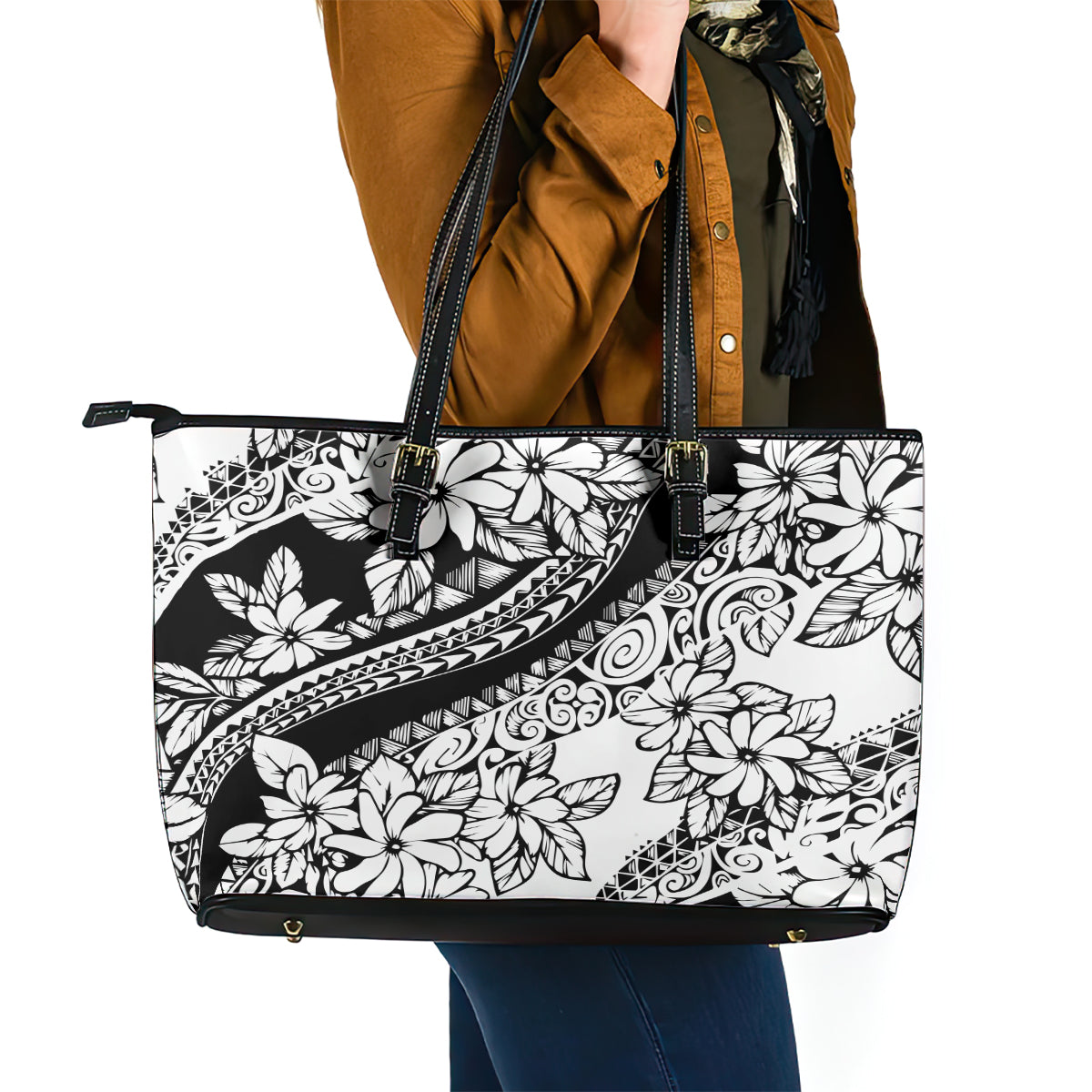 Polynesia Leather Tote Bag Polynesian Tropical Flowers Black Pastel Vibes - Wonder Print Shop