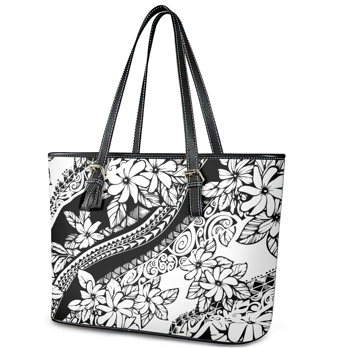Polynesia Leather Tote Bag Polynesian Tropical Flowers Black Pastel Vibes - Wonder Print Shop
