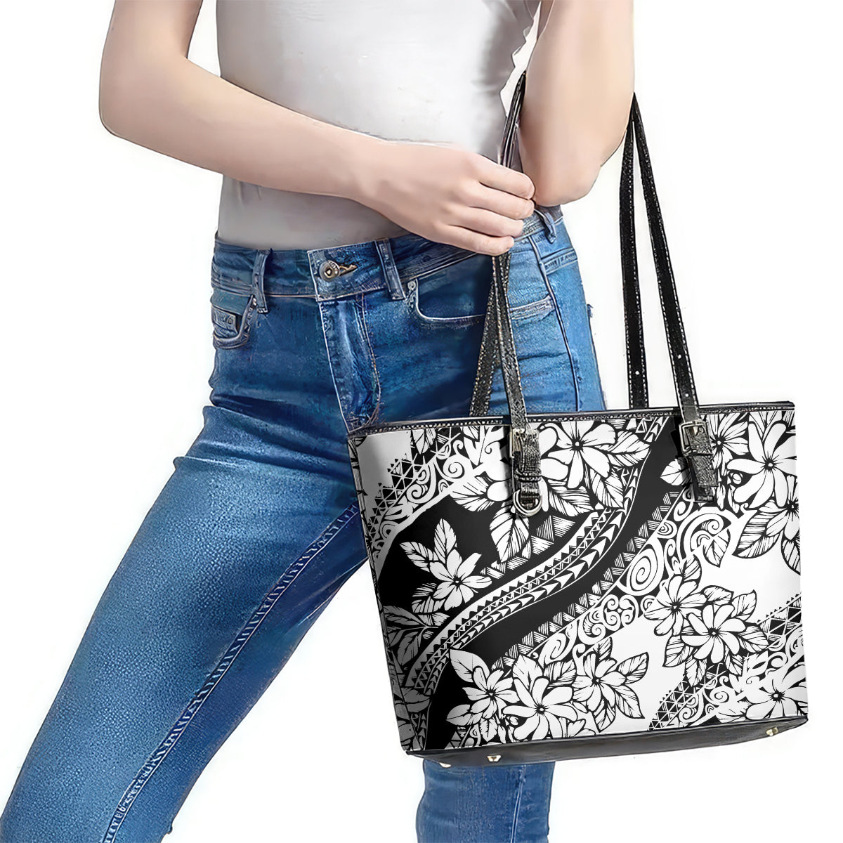 Polynesia Leather Tote Bag Polynesian Tropical Flowers Black Pastel Vibes - Wonder Print Shop