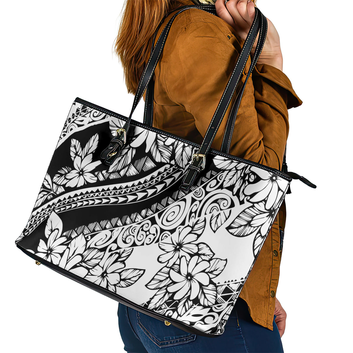 Polynesia Leather Tote Bag Polynesian Tropical Flowers Black Pastel Vibes - Wonder Print Shop