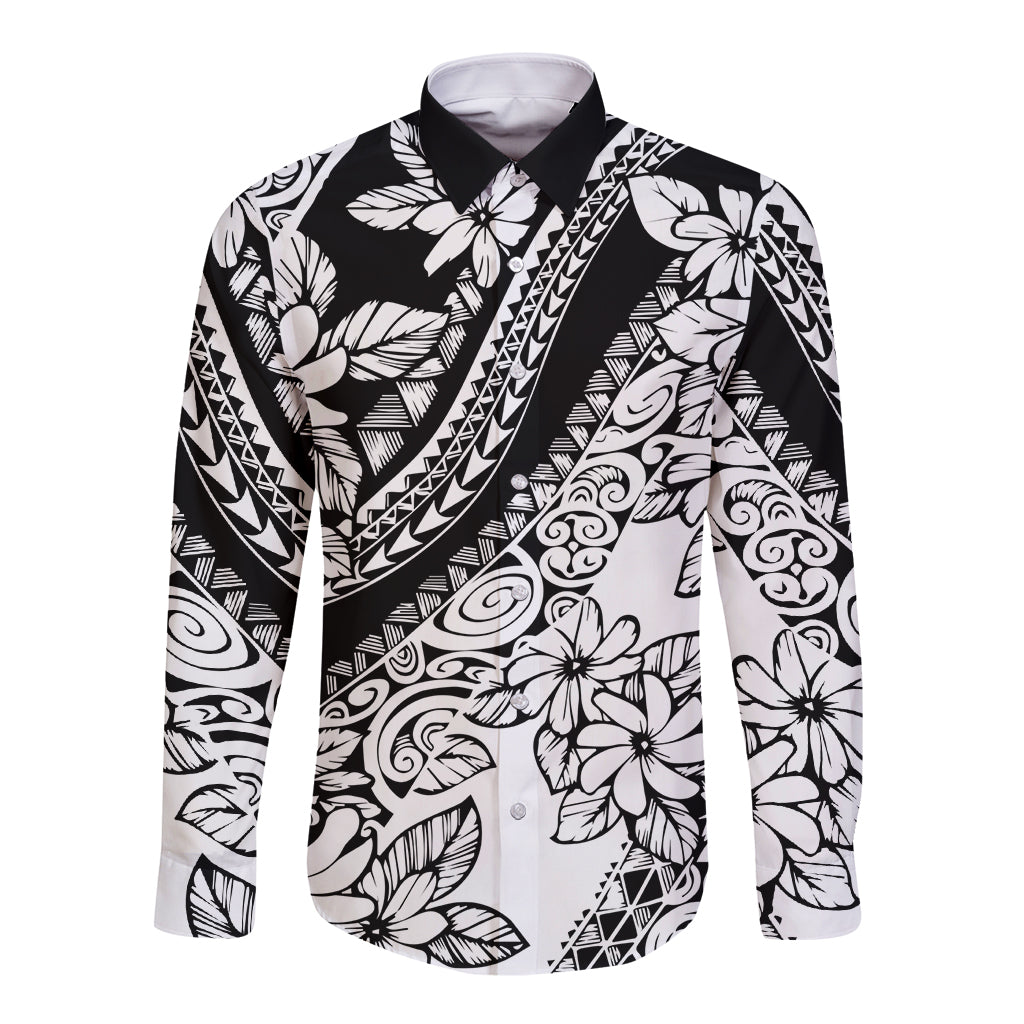 Polynesia Long Sleeve Button Shirt Polynesian Tropical Flowers Black Pastel Vibes - Wonder Print Shop