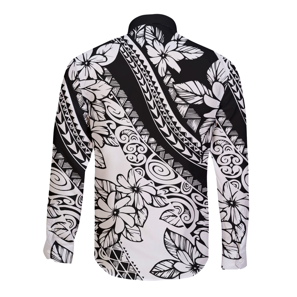 Polynesia Long Sleeve Button Shirt Polynesian Tropical Flowers Black Pastel Vibes - Wonder Print Shop